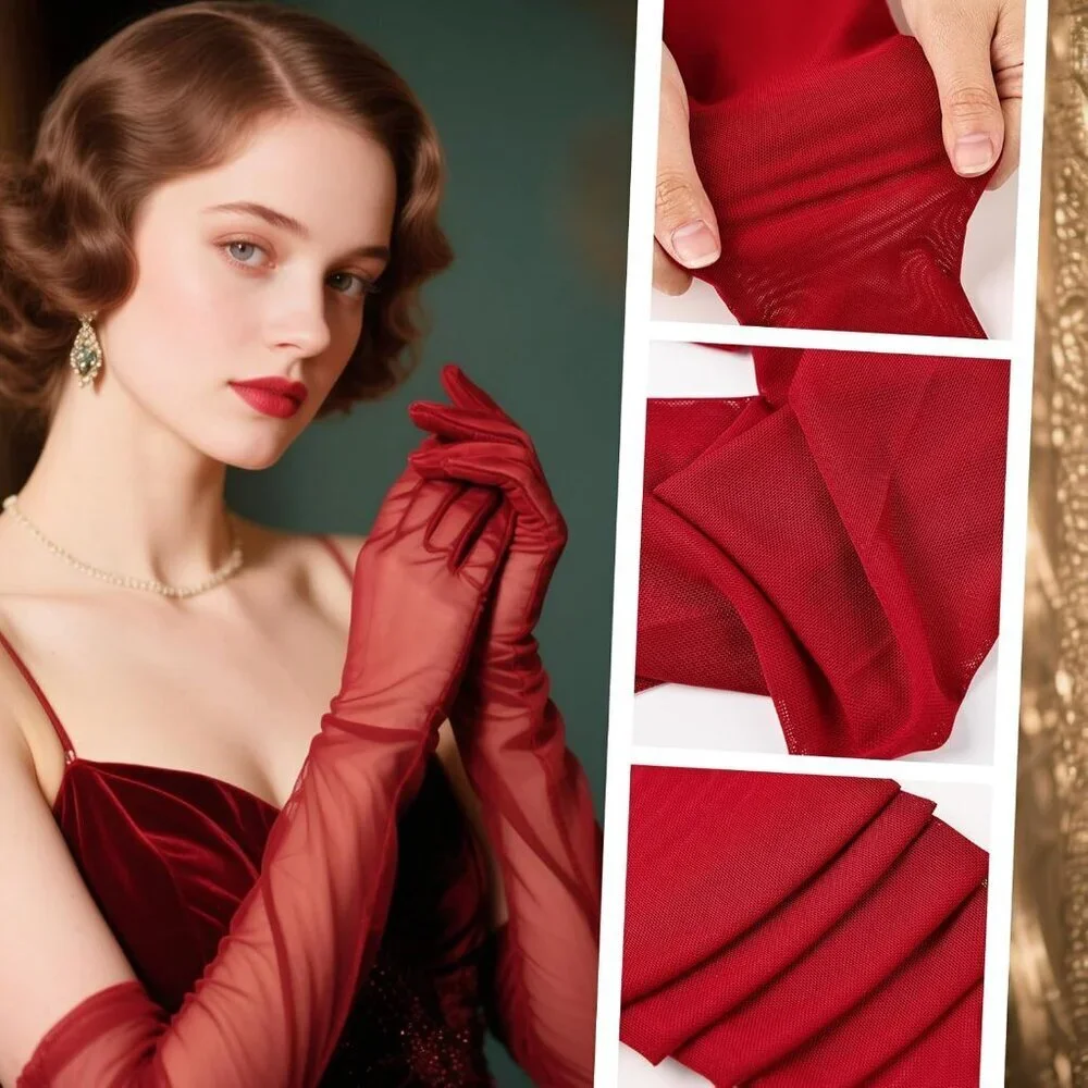 Women's Tulle Wine Red Long Satin Gloves Evening Elbow Length Party Costumes